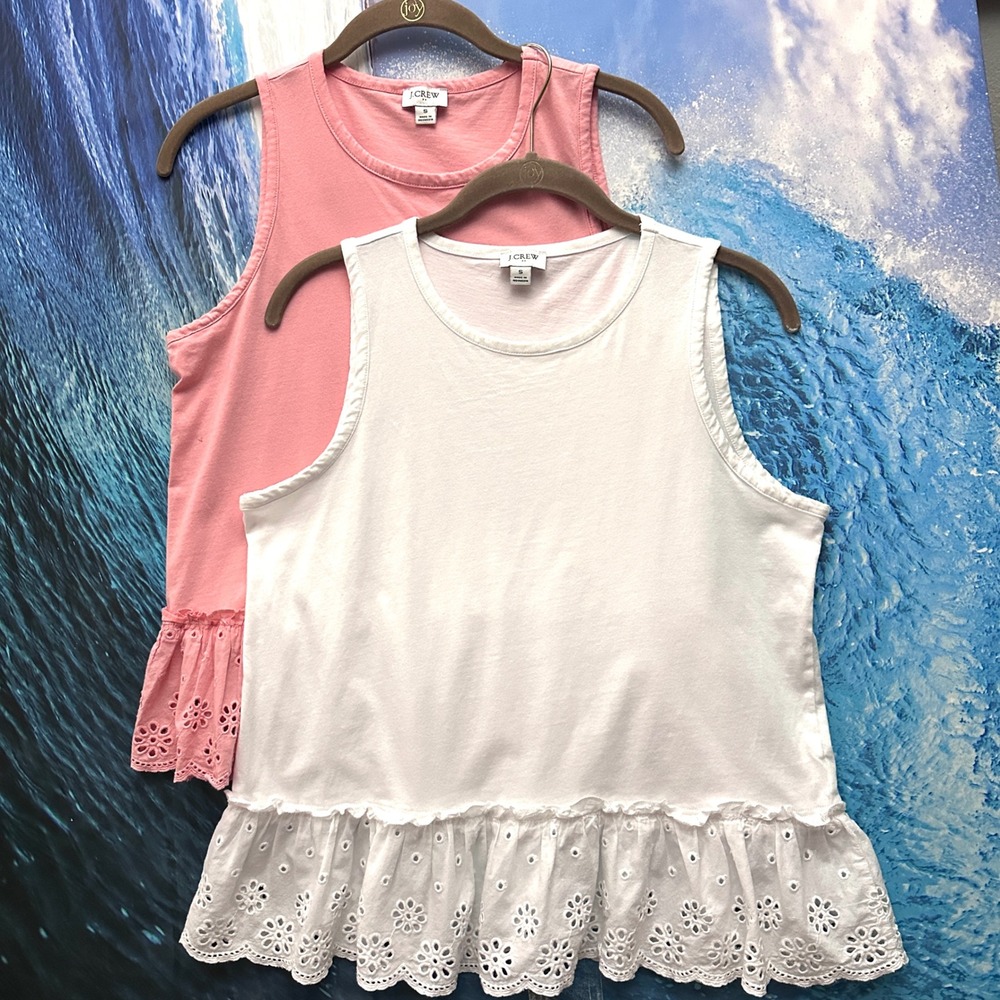 J.Crew Set of 2 S Eyelet Hem Tank Top Peplum White Pink AN702 Small